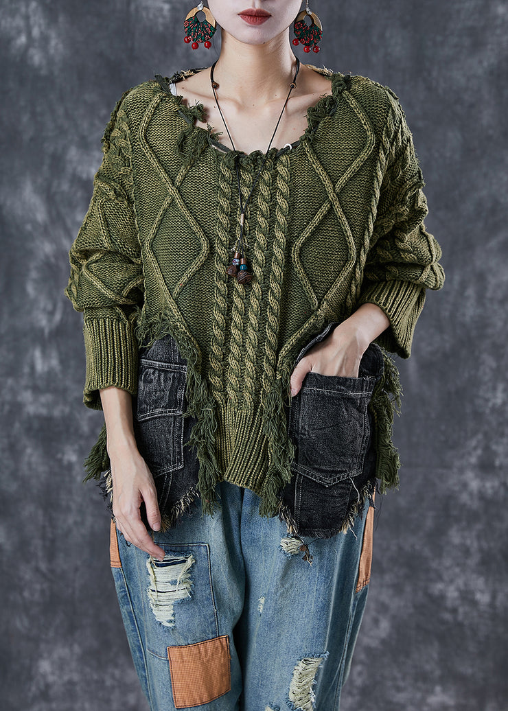 Green Patchwork Denim Knit Ripped Sweaters Asymmetrical Winter