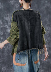 Green Patchwork Denim Knit Ripped Sweaters Asymmetrical Winter