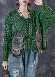 Green Patchwork Denim Knit Sweater Tops Oversized Pockets Winter