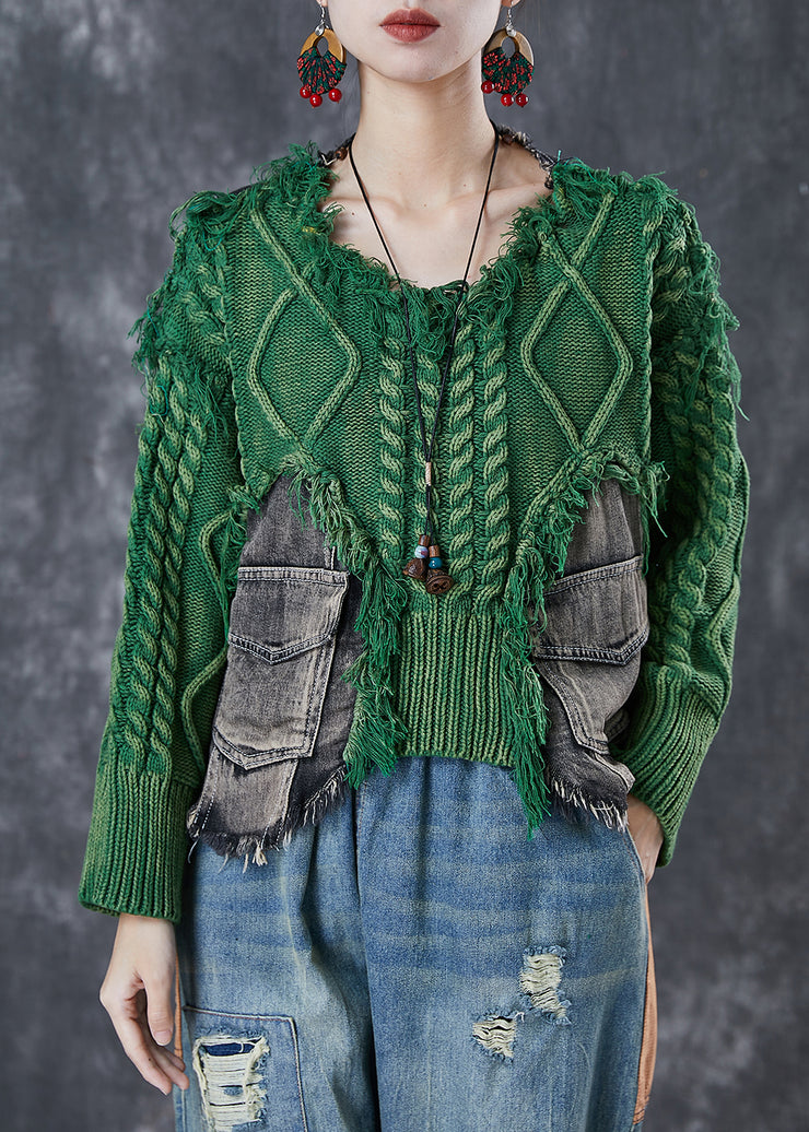 Green Patchwork Denim Knit Sweater Tops Oversized Pockets Winter