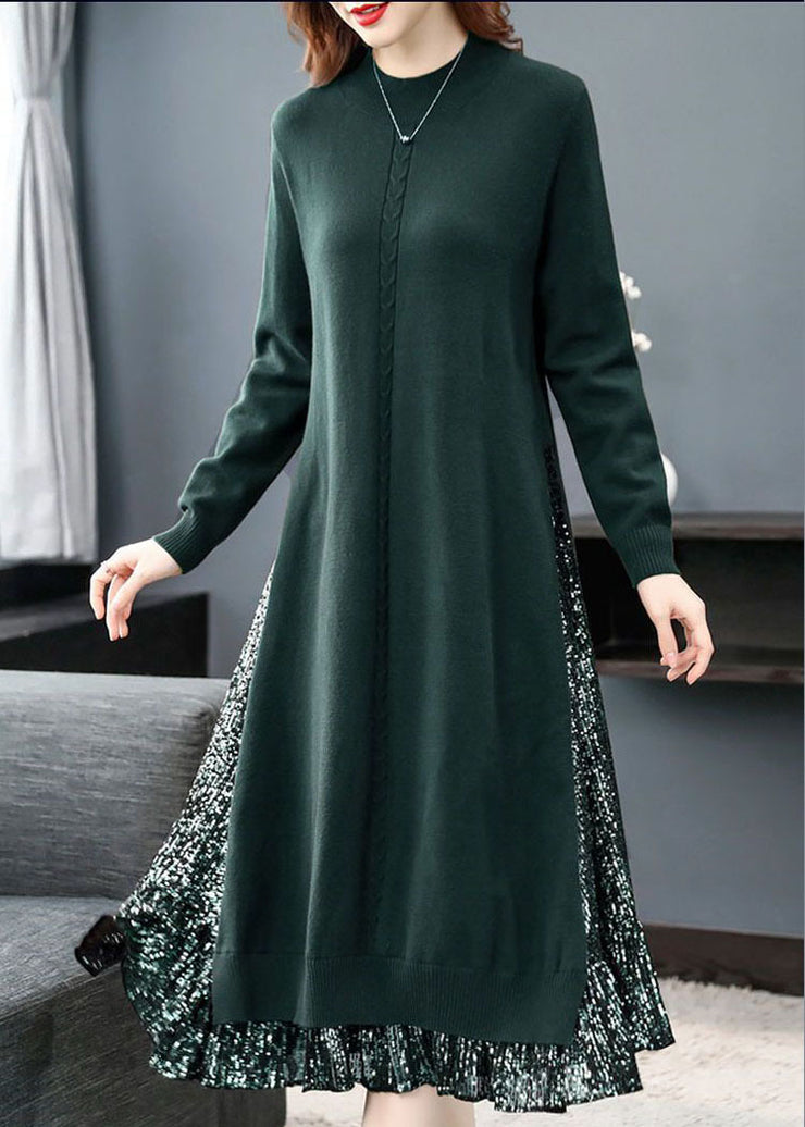 Green Patchwork Fake Two Piece Knitwear Dress Stand Collar Side Open Long Sleeve