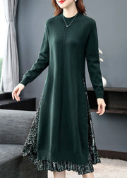 Green Patchwork Fake Two Piece Knitwear Dress Stand Collar Side Open Long Sleeve