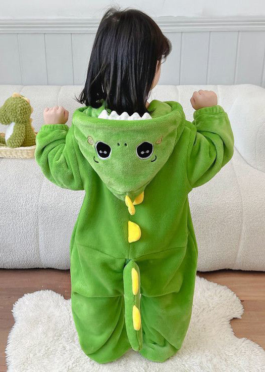 Green Patchwork Fluffy Boys Girls Pajamas Jumpsuit Hooded Long Sleeve