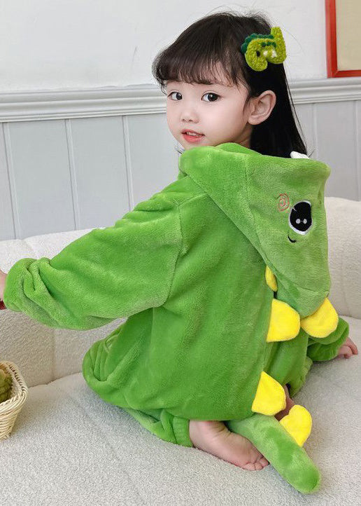Green Patchwork Fluffy Boys Girls Pajamas Jumpsuit Hooded Long Sleeve