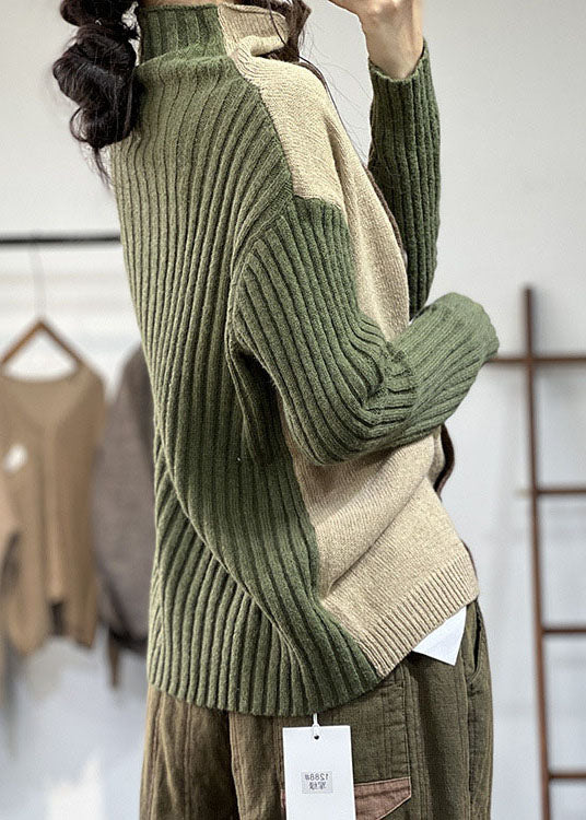 Green Patchwork Knit Sweaters Turtle Neck Winter