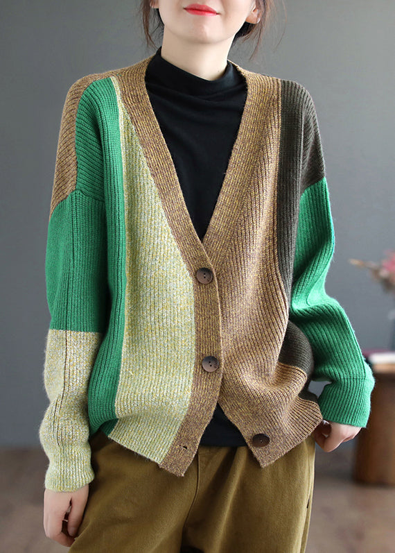 Green Patchwork Knitting Cardigan Top V Neck Long Sleeve