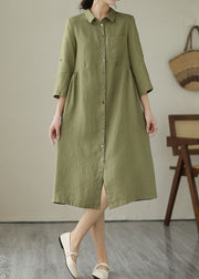 Green Patchwork Linen Dress Peter Pan Collar Wrinkled Summer