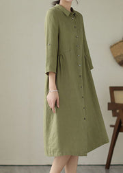 Green Patchwork Linen Dress Peter Pan Collar Wrinkled Summer