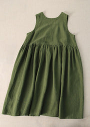 Green Patchwork Linen Dresses V Neck Wrinkled Sleeveless