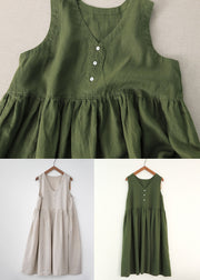 Green Patchwork Linen Dresses V Neck Wrinkled Sleeveless