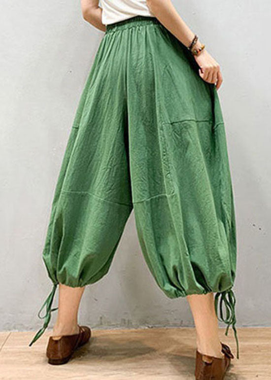 Green Patchwork Linen Lantern Pants Wrinkled Elastic Waist Summer
