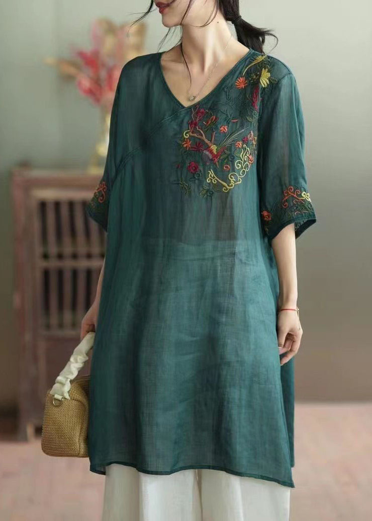 Green Patchwork Linen Mid Dress V Neck Embroidered Summer