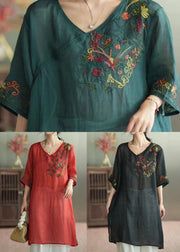 Green Patchwork Linen Mid Dress V Neck Embroidered Summer