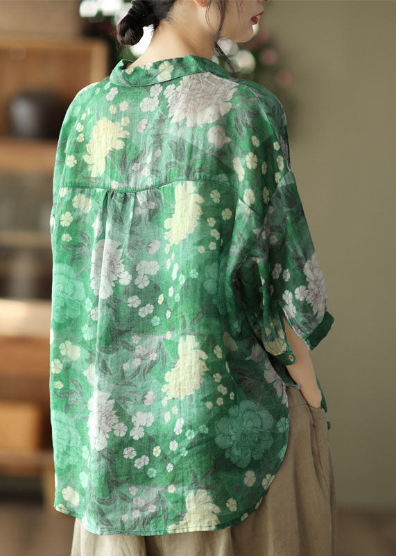 Grünes Patchwork-Leinen-Hemd Top Button Print Half Sleeve