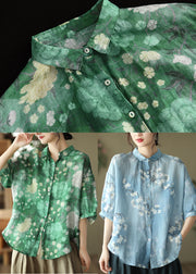 Green Patchwork Linen Shirt Top Button Print Half Sleeve