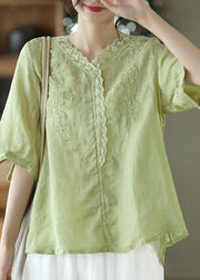 Green Patchwork Linen Shirt Top Embroidered Half Sleeve