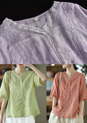 Green Patchwork Linen Shirt Top Embroidered Half Sleeve