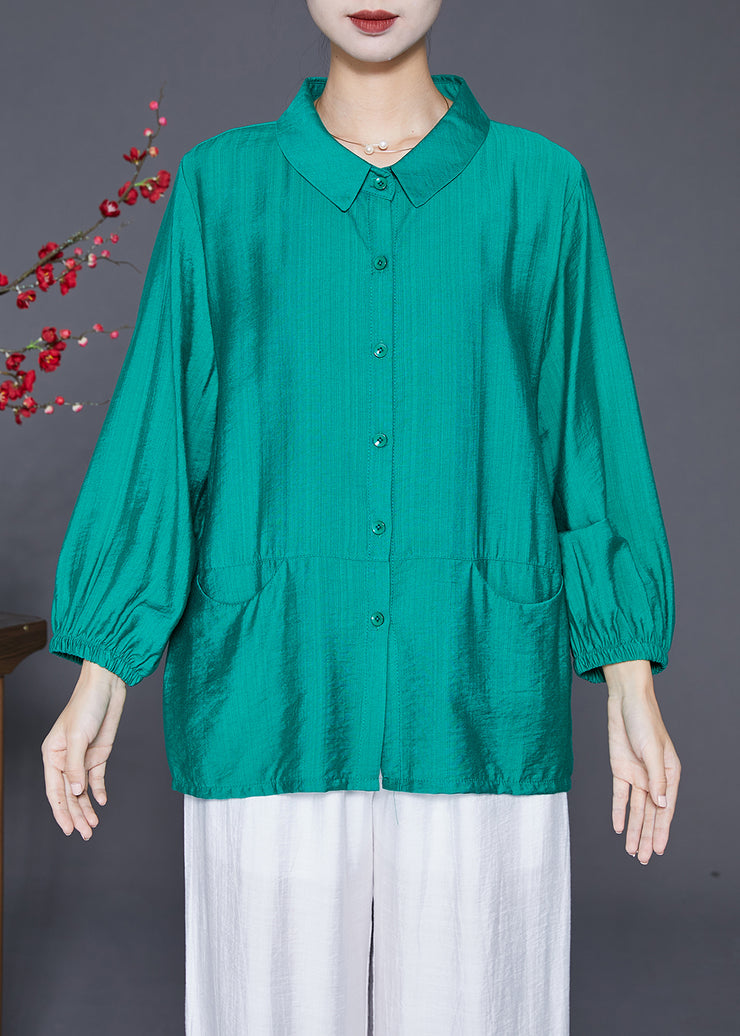 Green Patchwork Linen Silk Shirt Tops Peter Pan Collar Pockets Fall