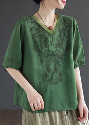 Green Patchwork Linen T Shirt Top V Neck Embroidered Summer
