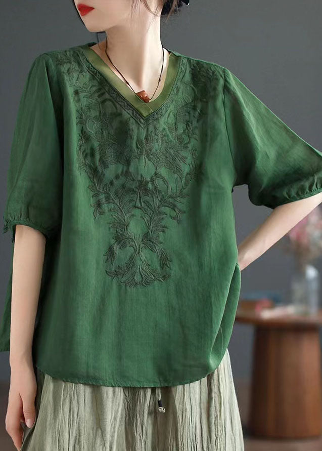 Green Patchwork Linen T Shirt Top V Neck Embroidered Summer