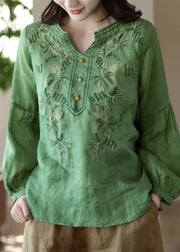 Green Patchwork Linen T Shirt Tops Embroidered Long Sleeve