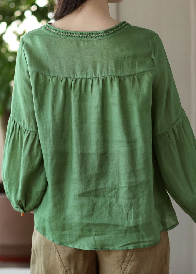 Green Patchwork Linen T Shirt Tops Embroidered Long Sleeve