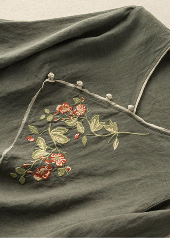 Green Patchwork Linen Top V Neck Embroidered Summer