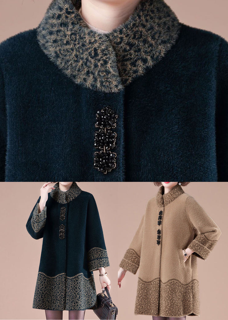Green Patchwork Mink Hair Knitted Trench Stand Collar Pockets Winter
