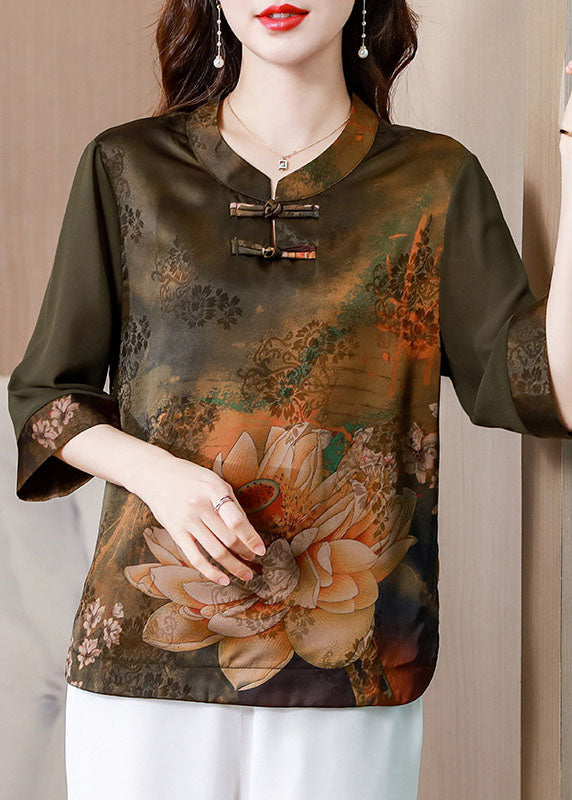 Green Patchwork Print Silk Shirt Oriental Button Summer