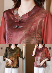 Green Patchwork Print Silk Shirt Oriental Button Summer