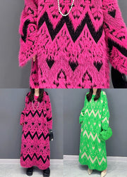 Green Patchwork Teddy Knit Sweater Dress O Neck Long Sleeve