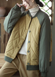 Green Patchwork Thick Fine Cotton Filled Jacket Stand Collar Winter