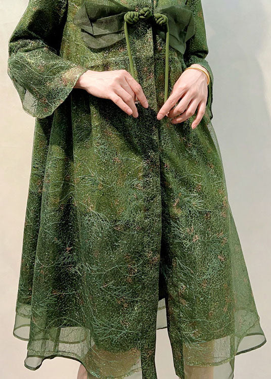 Green Patchwork Tulle Coats Embroidered Chinese Button Summer