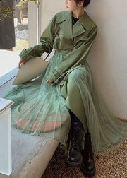 Green Patchwork Tulle Cotton Trench Peter Pan Collar Long Sleeve