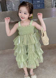 Green Patchwork Tulle Kids Girls Long Dresses Wrinkled Summer