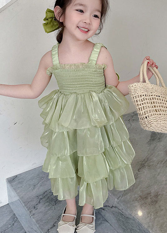 Green Patchwork Tulle Kids Girls Long Dresses Wrinkled Summer