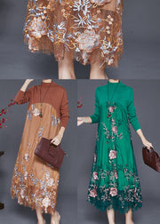 Green Patchwork Tulle Knit Dress Embroidered Fall