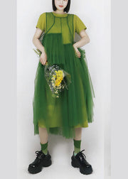 Green Patchwork Tulle Long Dress Hollow Out Solid Color Summer