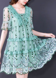 Green Patchwork Tulle Maxi Dresses V Neck Exra Large Hem Summer