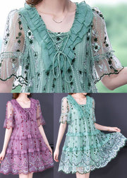 Green Patchwork Tulle Maxi Dresses V Neck Exra Large Hem Summer