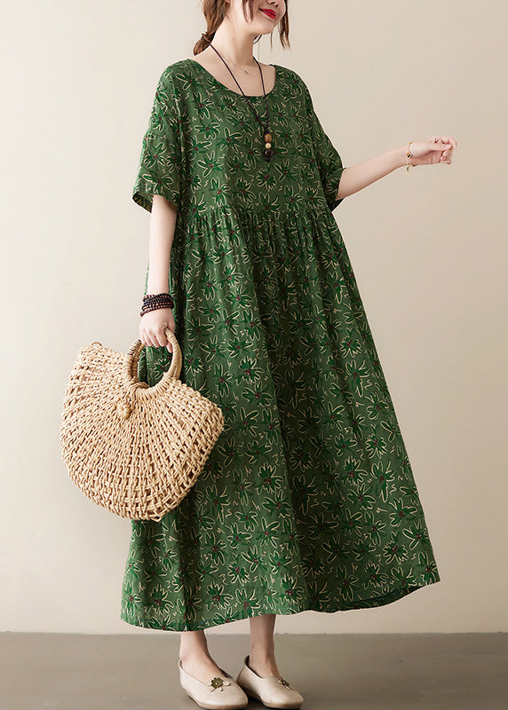 Green Patchwork Wrinkled Cotton Long Dress Summer