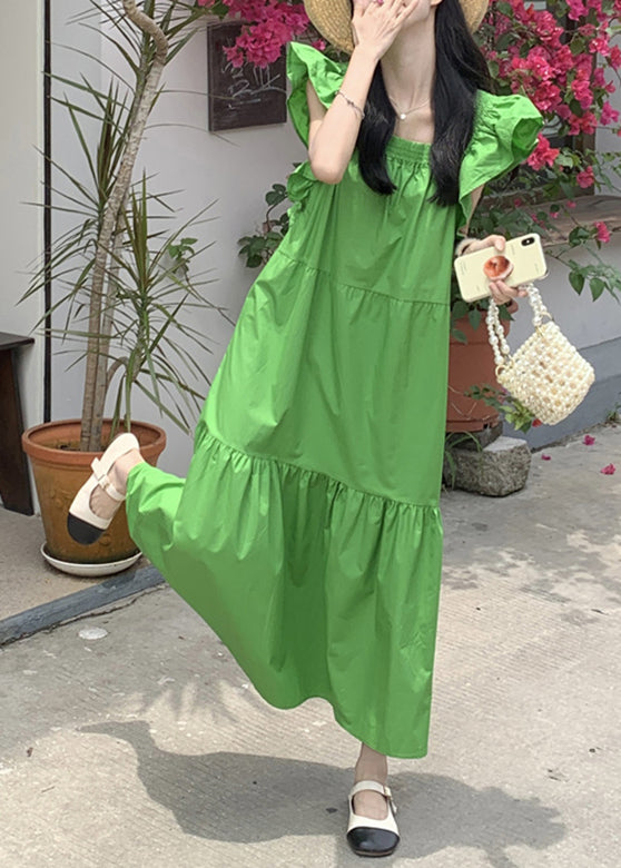 Green Patchwork Wrinkled Long Dresses Short Sleeve