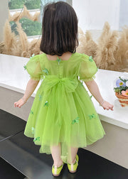 Green Patchwork Wrinkled Tulle Kids Maxi Dresses Short Sleeve