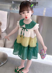 Green Peter Pan Collar Bow Cotton Girls Mid Dresses Summer