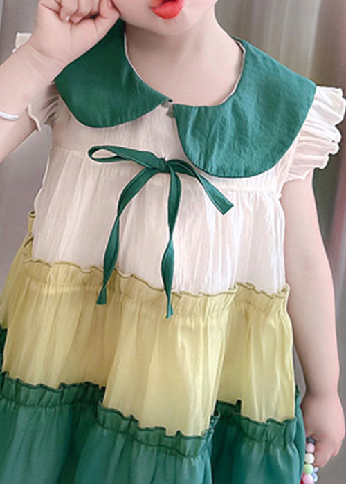 Green Peter Pan Collar Bow Cotton Girls Mid Dresses Summer