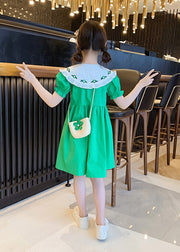 Green Peter Pan Collar Button Cotton Kids Mid Dresses Peter Pan Collar Summer