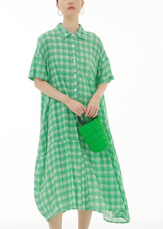 Green Peter Pan Collar Cotton Long Dresses Short Sleeve