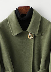 Green Peter Pan Collar Tie Waist Woolen Coats Fall