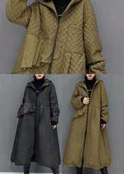 Green Plaid Fine Cotton Filled coats drawstring Zip Up Winter