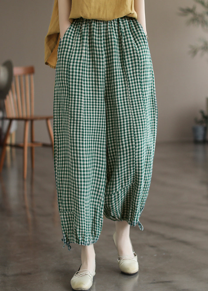 Green Plaid Lace Up Linen Crop Pants High Waist Summer